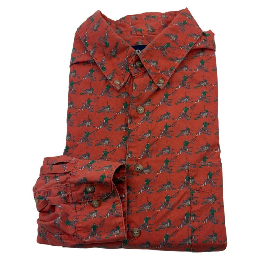 GAP Vintage‎ Cotton Button Down Shirt Orange Green Fisherman Dog XL Hong Kong